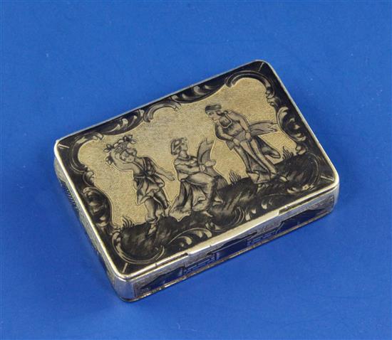 An early 19th century Russian 84 zolotnik silver and niello rectangular snuff box, gross 2 oz.